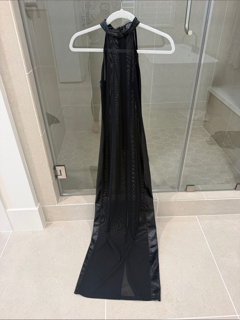 Black Sheer Halter with Patent Side Panels Maxi Dress